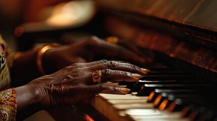 Close-Up of Elderly African American Jazz Pianist's Hands Playing Piano with Passion