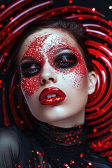 A woman with red face paint and red lips. She is wearing red lipstick and has red eyeshadow