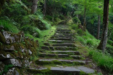 Stone Steps Leading Up Through Lush Forest - A pathway of stone steps winds upward through a dense forest, adorned with lush greenery and moss. - A pathway of stone steps winds upward through a dense 