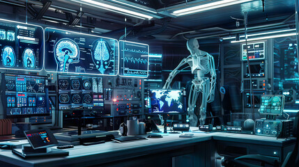 Fototapeta premium Cybernetic implants with digital displays, futuristic medical lab 