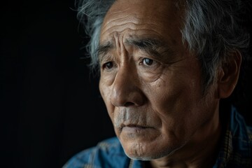 An elderly man with a serious and pensive expression is photographed in close-up, highlighting the deep lines and wrinkles that mark his face while his eyes reflect deep thought.