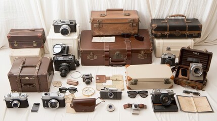 A collection of vintage cameras and suitcases are arranged on a white surface. Several film cameras are included in the scene, as well as a couple of pairs of sunglasses, and leather luggage
