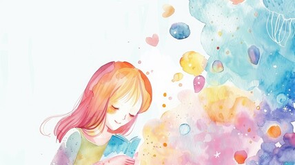 A Watercolor Dream: A Girl Reads in a World of Color - A watercolor illustration of a girl reading a book, surrounded by a vibrant and colorful world. The soft colors and whimsical design evoke a sens