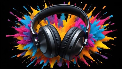 Obraz premium Matellic colours explosion with headphones on black background