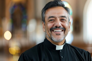 A cheerful priest with a wide smile, standing inside a church, with colorful stained glass windows in the background, reflecting faith and positivity.
