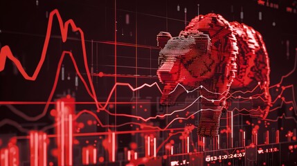 A crypto market chart with a red bear symbol and falling graphs, highlighting a significant bearish trend in cryptocurrency trading.