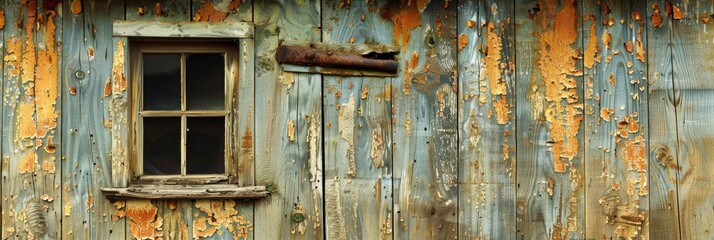 Naklejka premium Weathered Wooden Wall with a Window - A close-up shot of a weathered wooden wall with a small window, showing the texture and age of the wood. - A close-up shot of a weathered wooden wall with a small