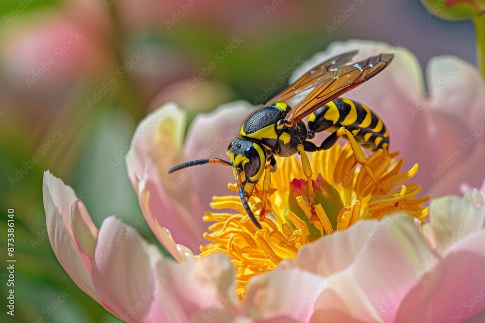 Poster an intricate close-up of a wasp perched on a vibrant flower, gathering nectar. the vivid colors of t