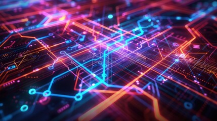 A cybernetic interface background with complex digital data arrays and vibrant neon lines intersecting against a dark, high-tech backdrop.