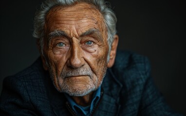 Fototapeta premium A portrait of an elderly man with gray hair and blue eyes, captured in a close-up shot, showcasing his weathered face and thoughtful gaze