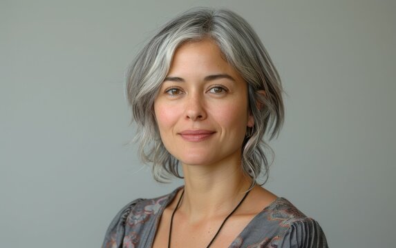 A woman with silver hair and a gentle smile looks directly at the camera against a muted gray backdrop. She wears a patterned blouse and a simple necklace