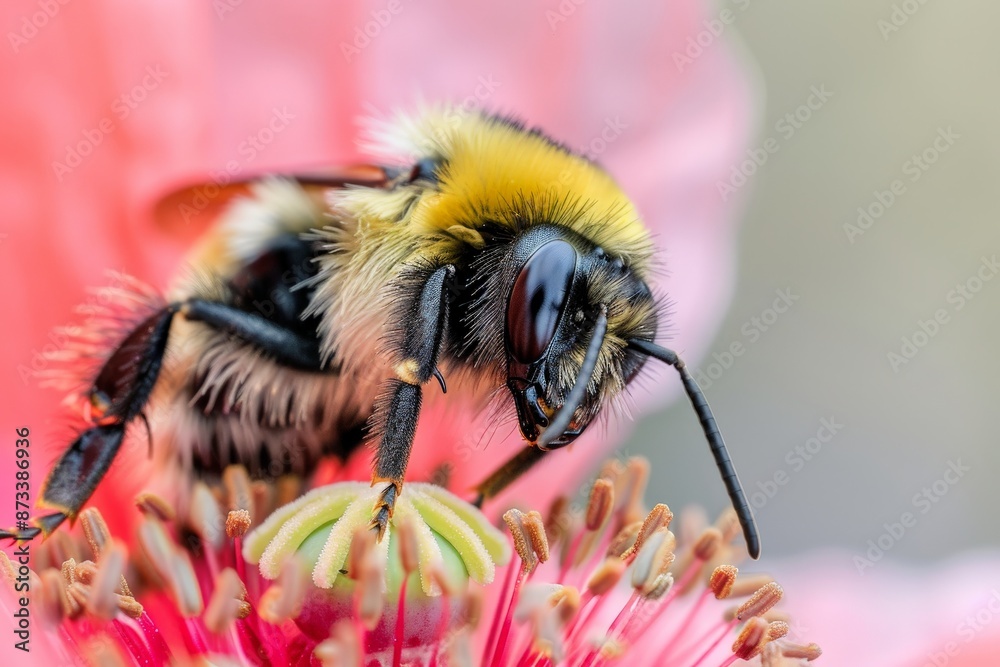Poster a detailed macro shot of a bee meticulously collecting pollen from a vibrant flower, capturing its i