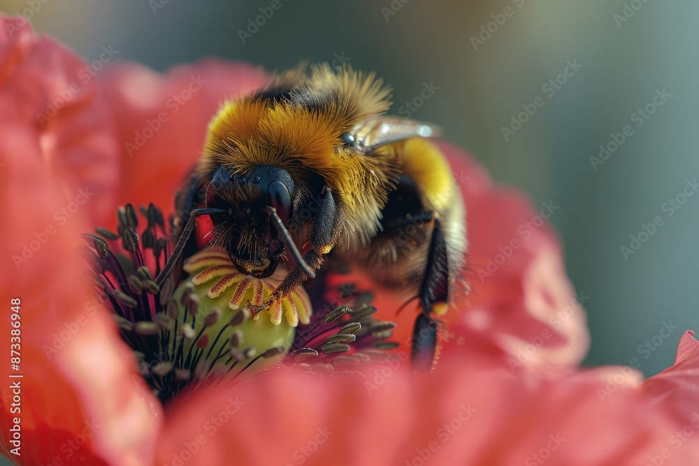 Poster A stunning image of a bee diligently gathering nectar on a colorful blossom during spring, emphasizing the crucial role of bees in the ecosystem with beautiful clarity.