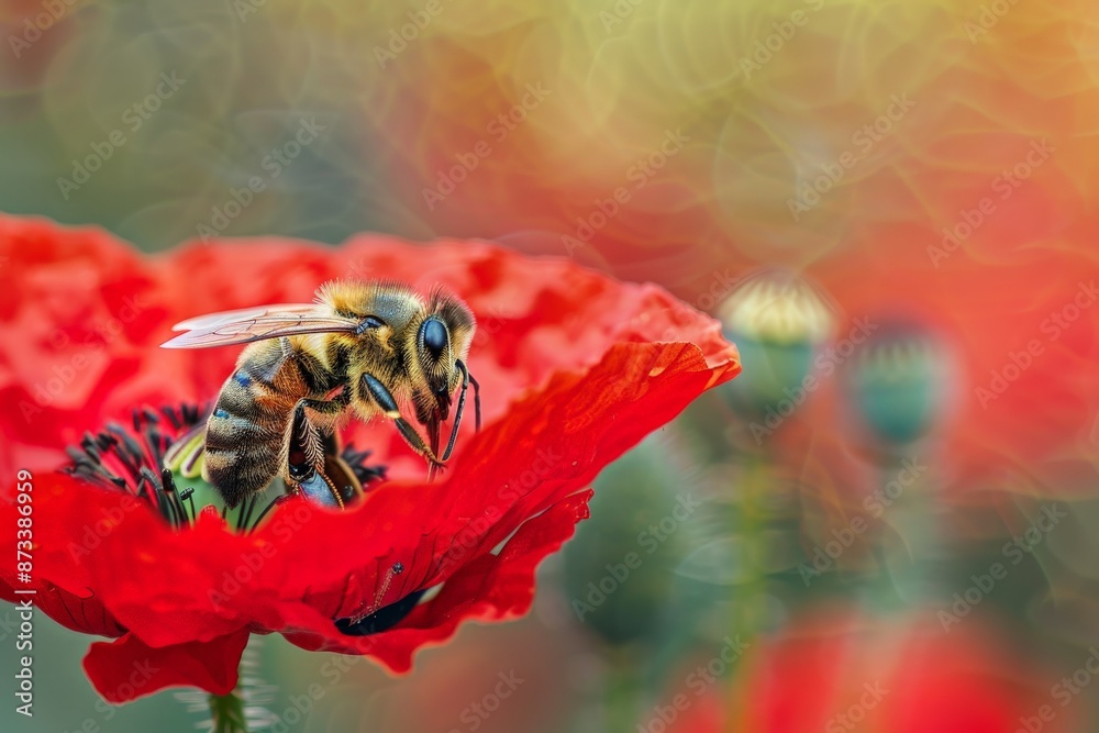 Poster Detailed and vibrant macro photograph of a honeybee perched on a red poppy petal collecting pollen, showcasing the intimate interaction between the insect and flower.