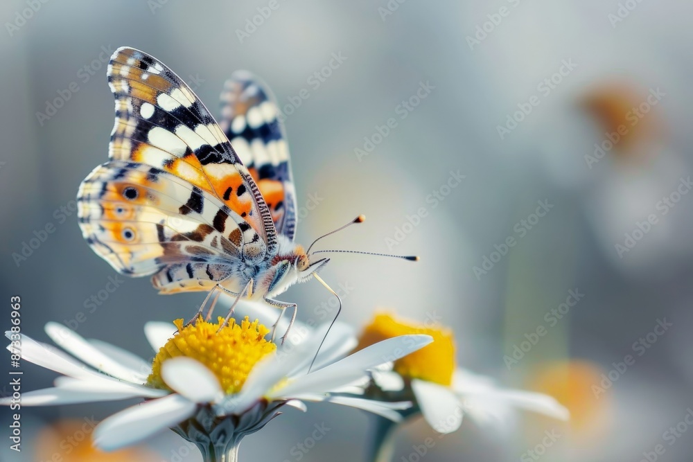 Poster an exquisite image of a butterfly with vibrant and intricately patterned wings spread wide, perched 
