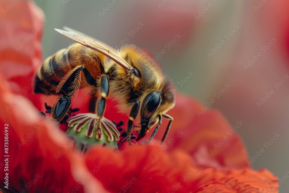 Poster Vivid capture of a honeybee immersed in collecting pollen on a vibrant flower in summer, highlighting the essential role bees play in pollination and the ecosystem.