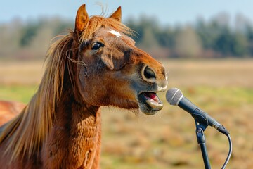 A vibrant scene of a horse seemingly singing into a microphone in an open field setting, combining nature with a touch of humor and creativity for an engaging visual.