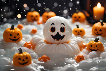 Obraz premium A content pumpkin is floating in a bubble bath filled with pumpkin-scented bubbles and surrounded by rubber duckies dressed as ghosts. Halloween concept