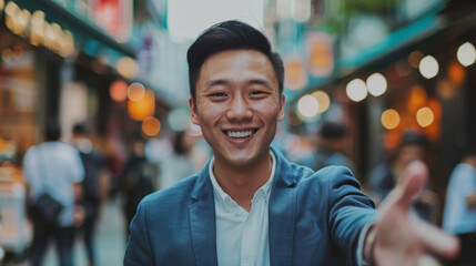 Fototapeta premium East asian handsome man smiling stretching for a hand shake