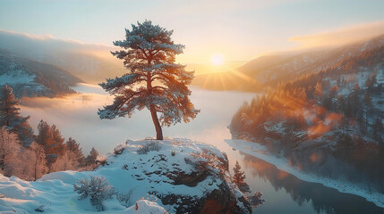 Lonely pine tree stays above the forest on the cliff edge, breath taking view at river and sunset 