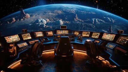 Futuristic spaceship cockpit interior with a view of space station and stars. A large spaceship window show view of space and modern cockpit with control panel with glowing light. Technology. AIG35.