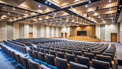 Naklejka premium Empty Auditorium with Wooden Ceiling and Blue Chairs