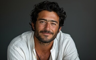 Obraz premium A man with wavy dark hair and a beard is wearing a white shirt. He smiles at the camera