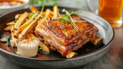 Modern bistro with a rustic touch, presenting a delicious pork belly dish with a side of truffle fries and a craft beer, capturing the essence of Western cuisine