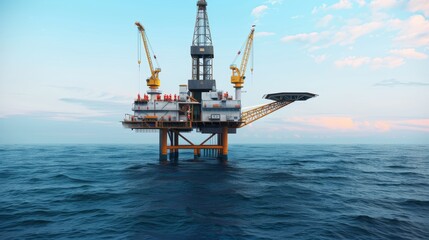 Photorealistic scene of a deep-sea oil drilling rig, towering over a serene ocean, with maintenance crew visible on the deck under clear skies