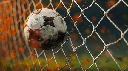 soccer ball in goal net. Soccer ball, Close up of a soccer ball in the football stadium. Goal Winning celebration	