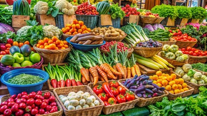Fresh Produce Market Stall with Colorful Vegetables and Fruits