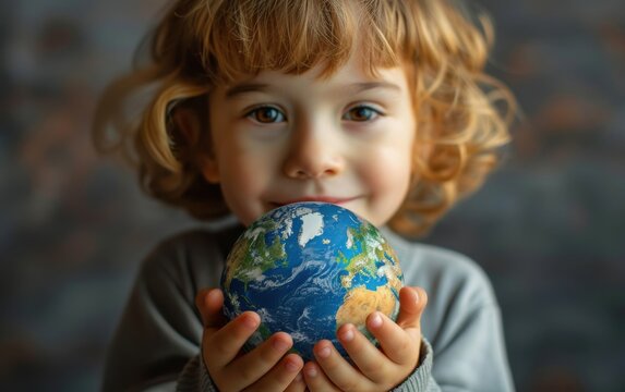 A young child with curly blonde hair holds a globe in their hands, smiling at the camera. The child's hands are cradling the globe as if hugging it