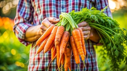 Freshly Harvested Carrots Held by Farmer in a Field