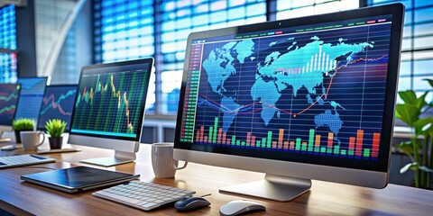 Naklejka premium Global Market Analysis on Computer Monitor in Office Workplace