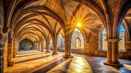 Fototapeta premium Golden Rays of Light in an Ancient Archway, Sunlight Streaming Through Stone Columns, Architectural Detail of a Historic Monastery, Monastery Courtyard, Portugal
