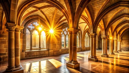 Fototapeta premium Golden Sunbeams Illuminating Gothic Arches - Architectural Interior, Sunrays, Columns, Stone, Cathedral