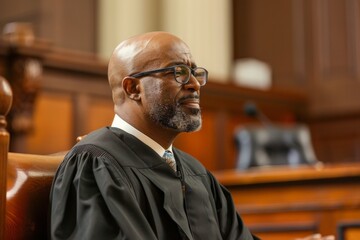 A judge in traditional black robes is seated in a courtroom, symbolizing justice, authority, and the legal process, representing the fairness and impartiality of the judicial system.