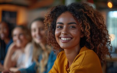 Obraz premium A woman with curly hair, wearing a yellow top, smiles warmly as she sits with a diverse group of women in a casual setting