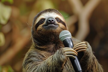 Fototapeta premium Close-up of a sloth interacting with a microphone, presenting a whimsical and engaging scene that combines nature and modernity, capturing the viewer's imagination.