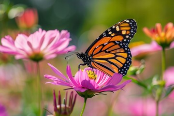 Naklejka premium A breathtaking butterfly with orange and black wings is captured perched on vibrant pink flowers in a lush garden, showcasing the beauty of nature's small wonders.