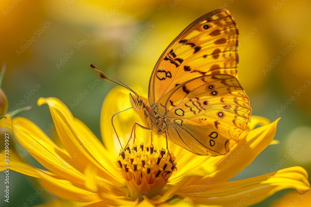 Poster a beautiful yellow butterfly rests on a yellow flower, blending seamlessly with its surroundings, an