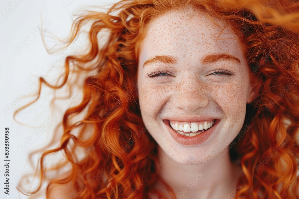 Poster a woman with red hair is smiling and has her mouth open. she has a happy expression on her face