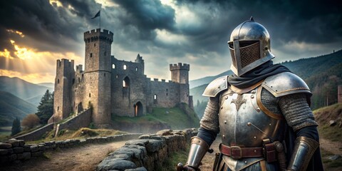 Naklejka premium Knight Guarding Medieval Castle