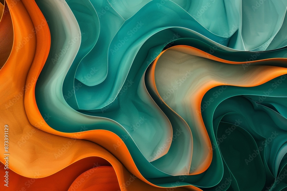 Poster An abstract image showcasing a fluid design with intricate orange and teal colors blending together, creating a harmonious and mesmerizing visual display.