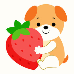 cute puppy hugging a strawberry on white background