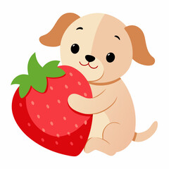 cute puppy hugging a strawberry on white background