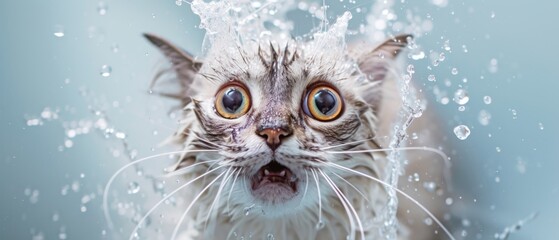 Obraz premium Close-up of a wet cat with wide eyes and open mouth, expressing shock. Water droplets are suspended around its face, highlighting the humorous and dramatic moment