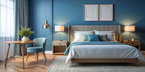 Modern Blue Bedroom Interior Design with King Size Bed and Nightstands