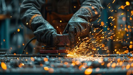 Worker grinding metal with sparks flying in a workshop