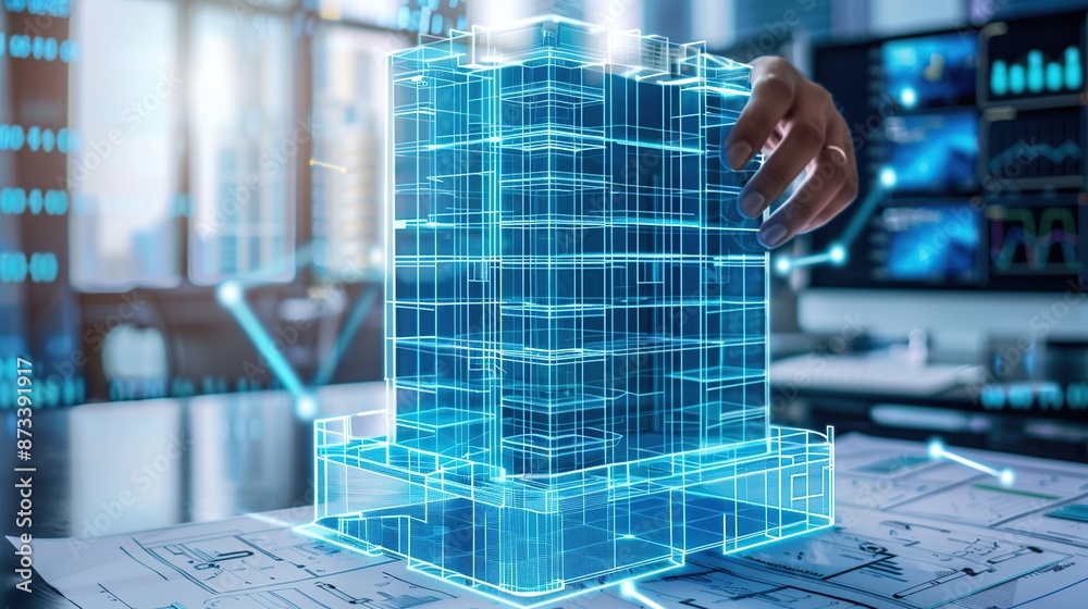 Aufkleber Construction site simulation concept building hologram. Engineer designs building structure on blueprint.